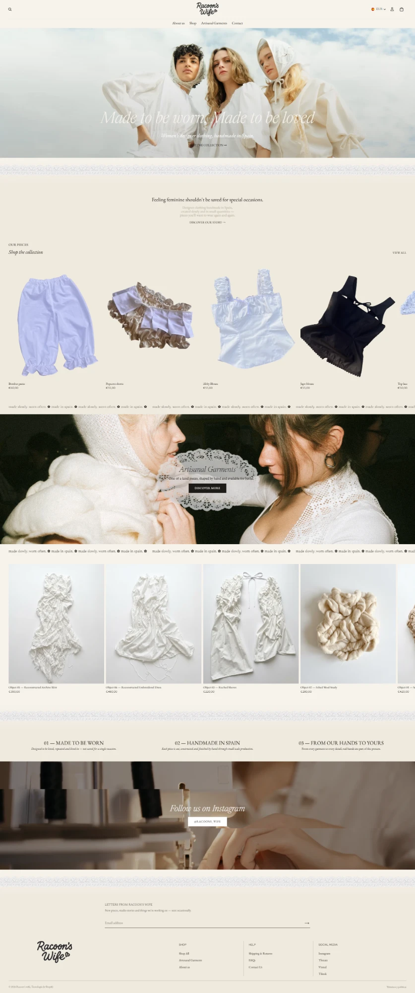 Home real de la tienda de Racoon's Wife, construida en Shopify