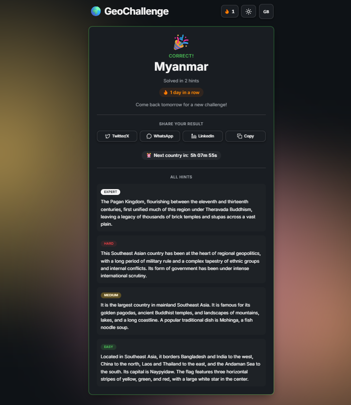 Pantalla de acierto mostrando el país correcto, la racha diaria, opciones para compartir y el historial completo de pistas
