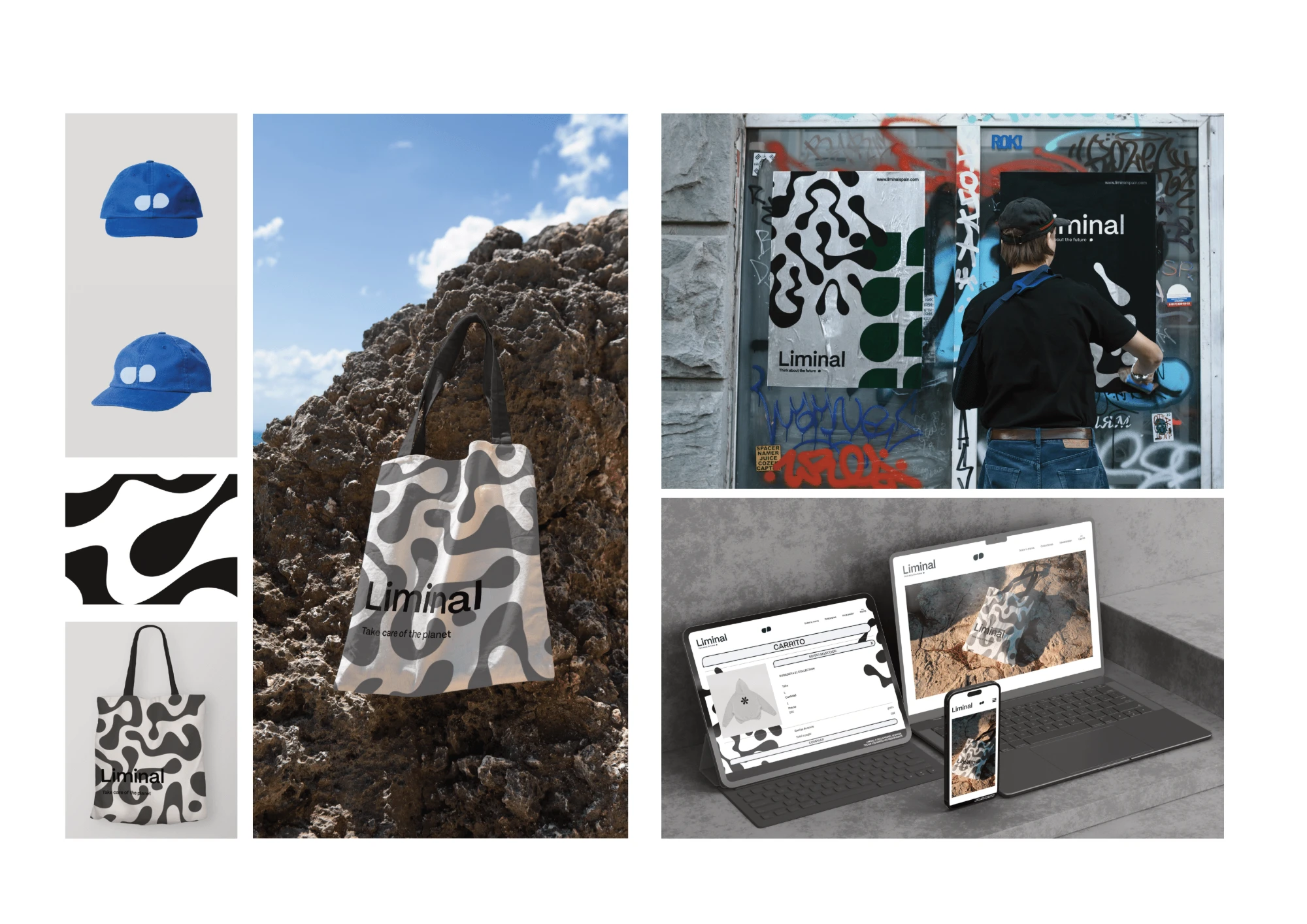 Aplicaciones de marca de Liminal: gorra, tote bag y cartel pegado en la calle