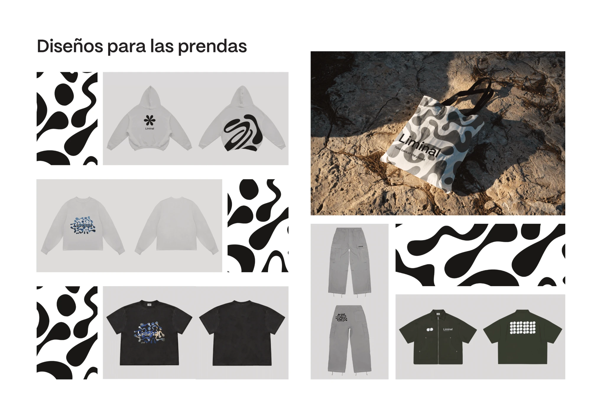 Diseños de la primera colección de Liminal: sudaderas, camisetas, bolsa tote y gorra con estampados propios