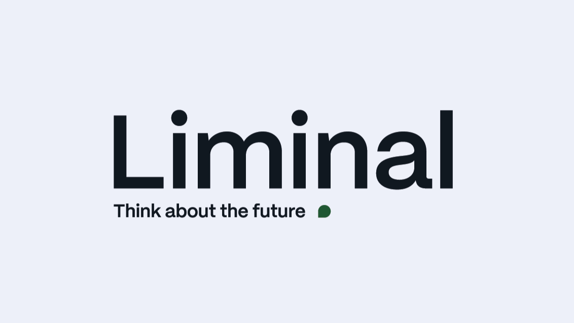 Logotipo final de Liminal: el nombre junto al lema 'Think about the future' y el pequeño icono verde en forma de hoja