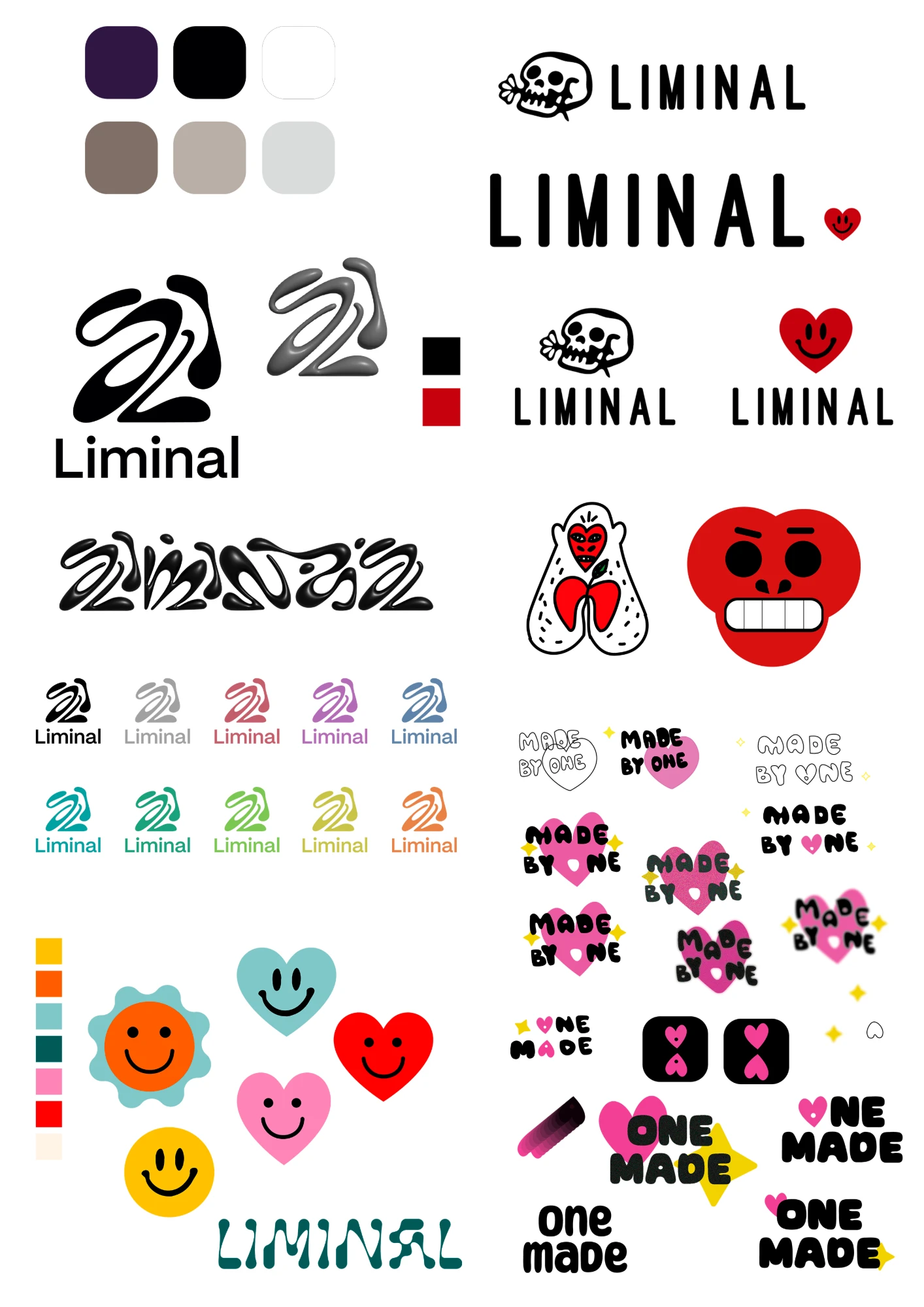 Hoja de exploración con logotipos, paletas de color y namings descartados durante el proceso, incluyendo alternativas como 'Made by One' y 'One Made'