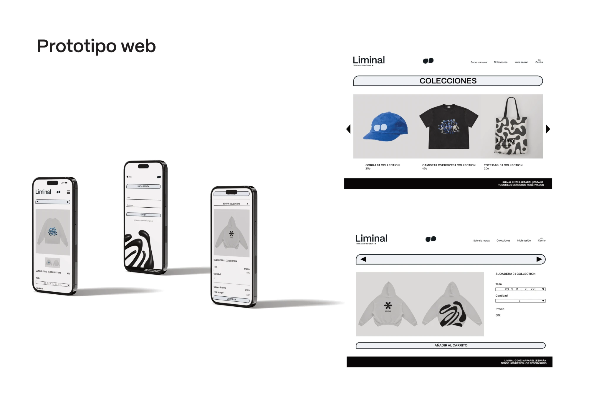 Prototipo del sitio web de Liminal mostrando el catálogo de colecciones y la ficha de producto, en mobile y desktop
