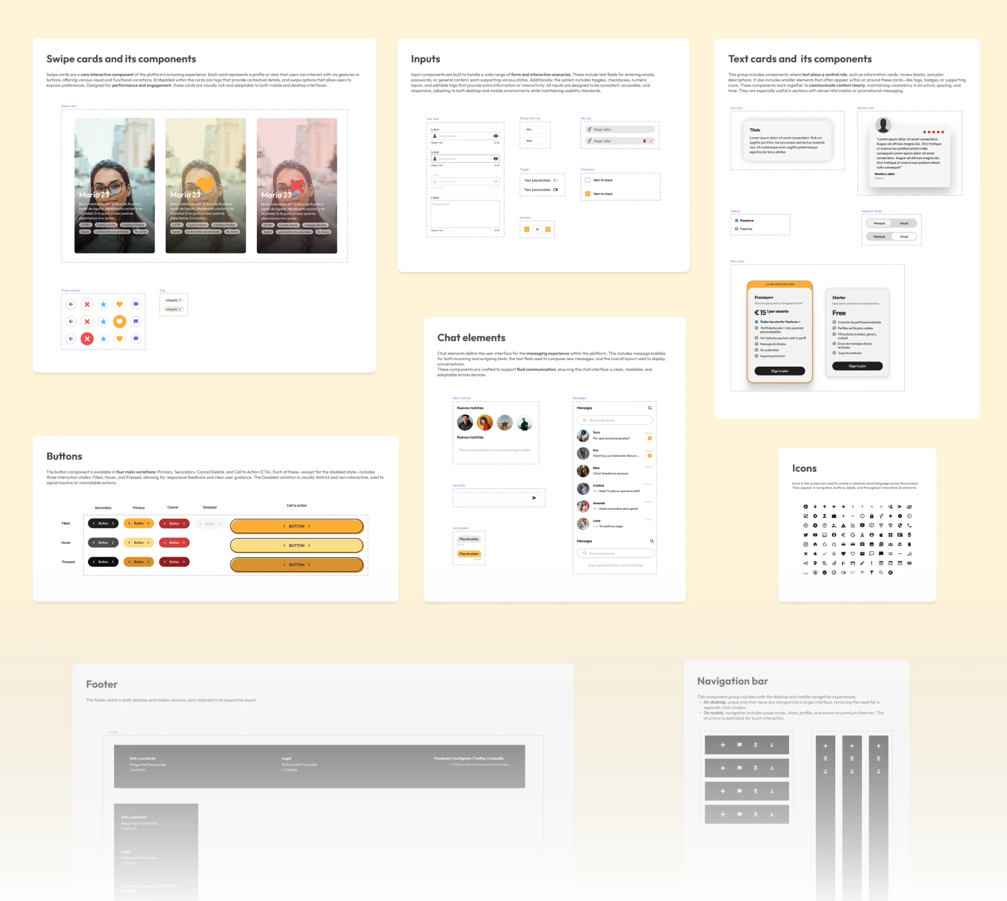 Selección de componentes del Design System de Roomeet: swipe cards, inputs, text cards, chat, botones, iconos, footer y navegación