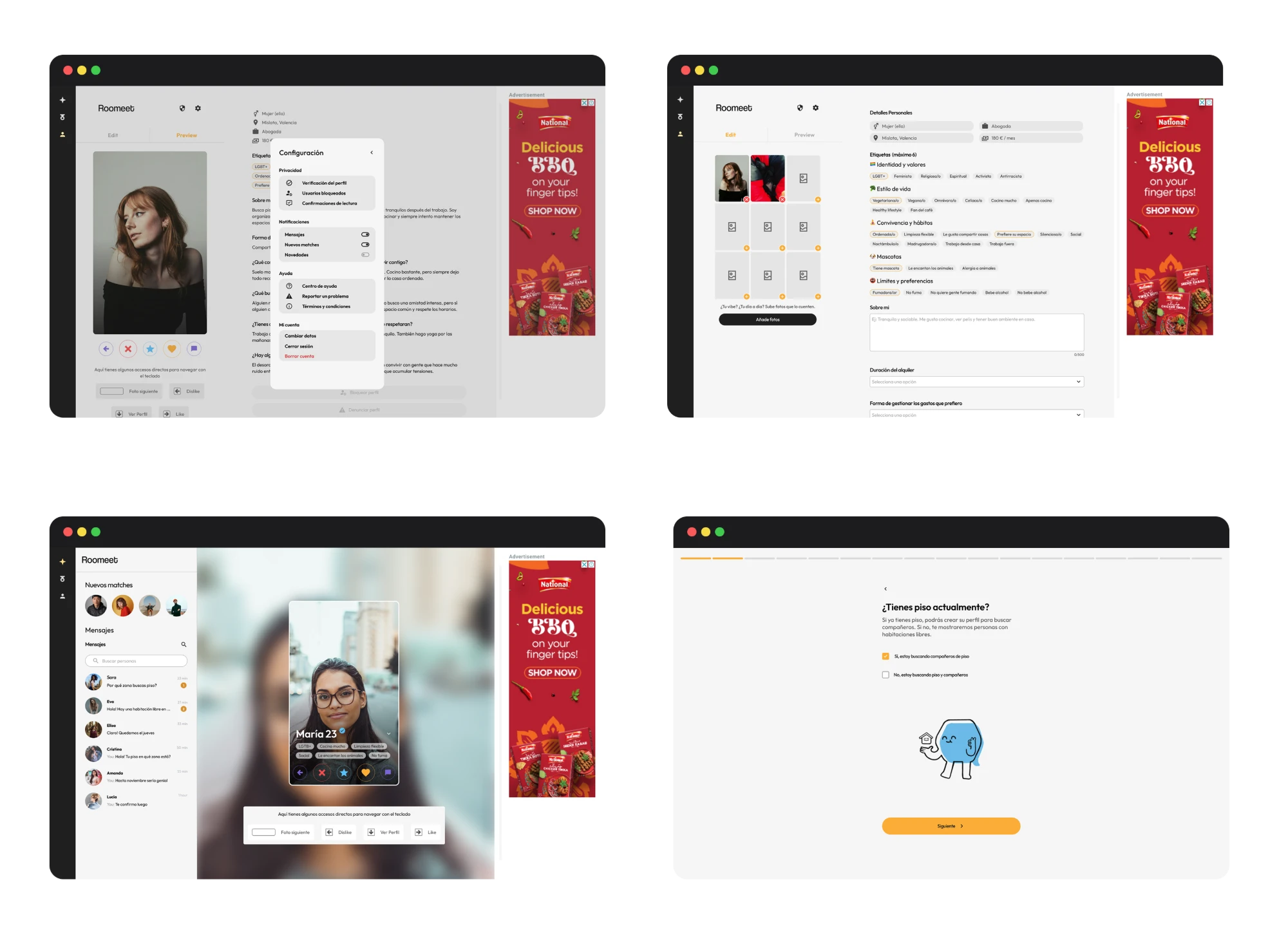 Pantallas de la versión desktop de Roomeet: perfil, configuración, chat y onboarding