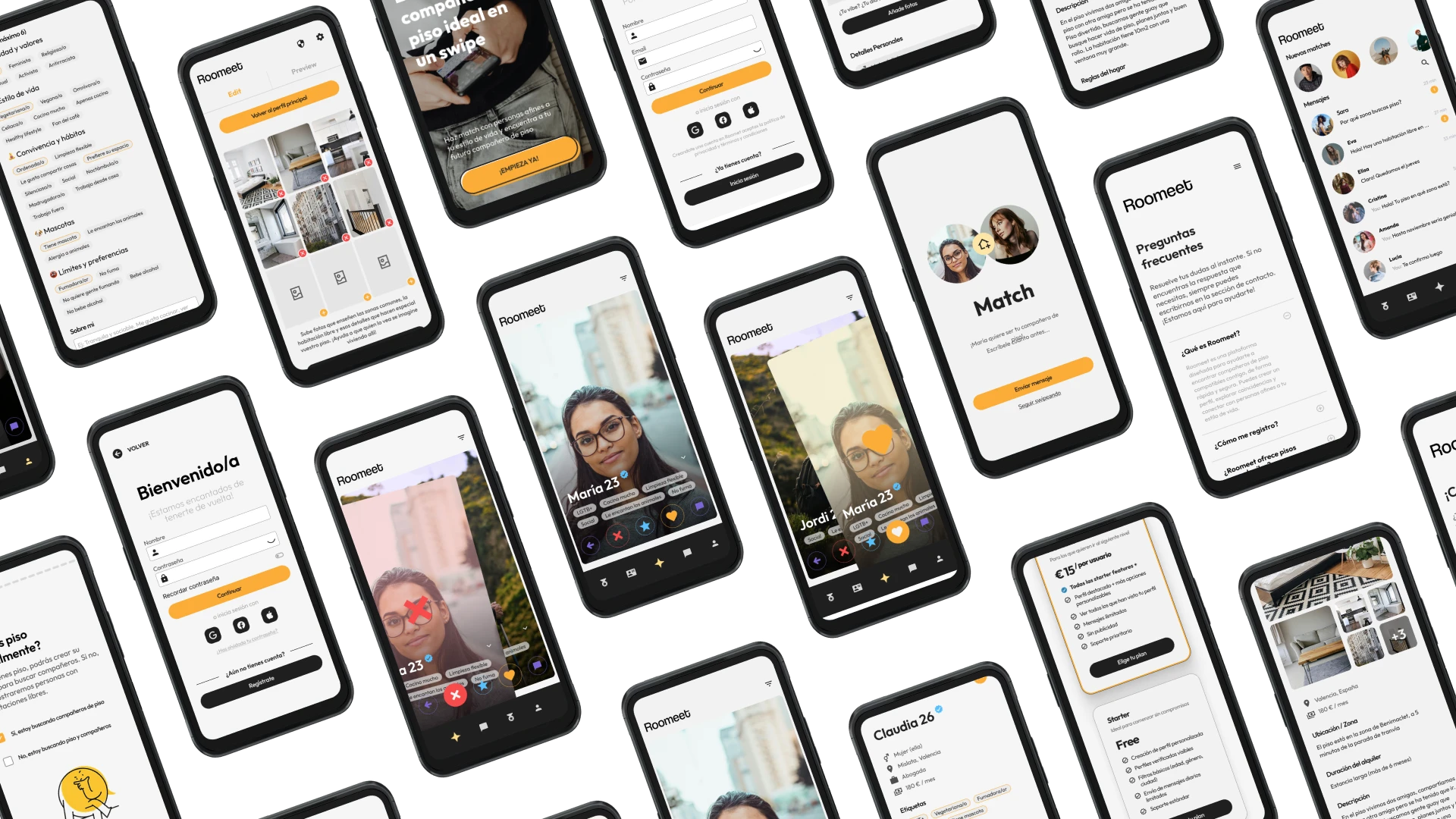 Grid de todas las pantallas mobile finales de Roomeet: onboarding, swipe, match, chat y FAQ