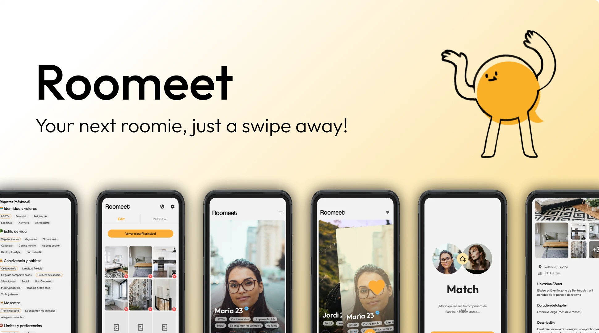 Mockup hero de Roomeet con varias pantallas de la app y la mascota ilustrada de la marca