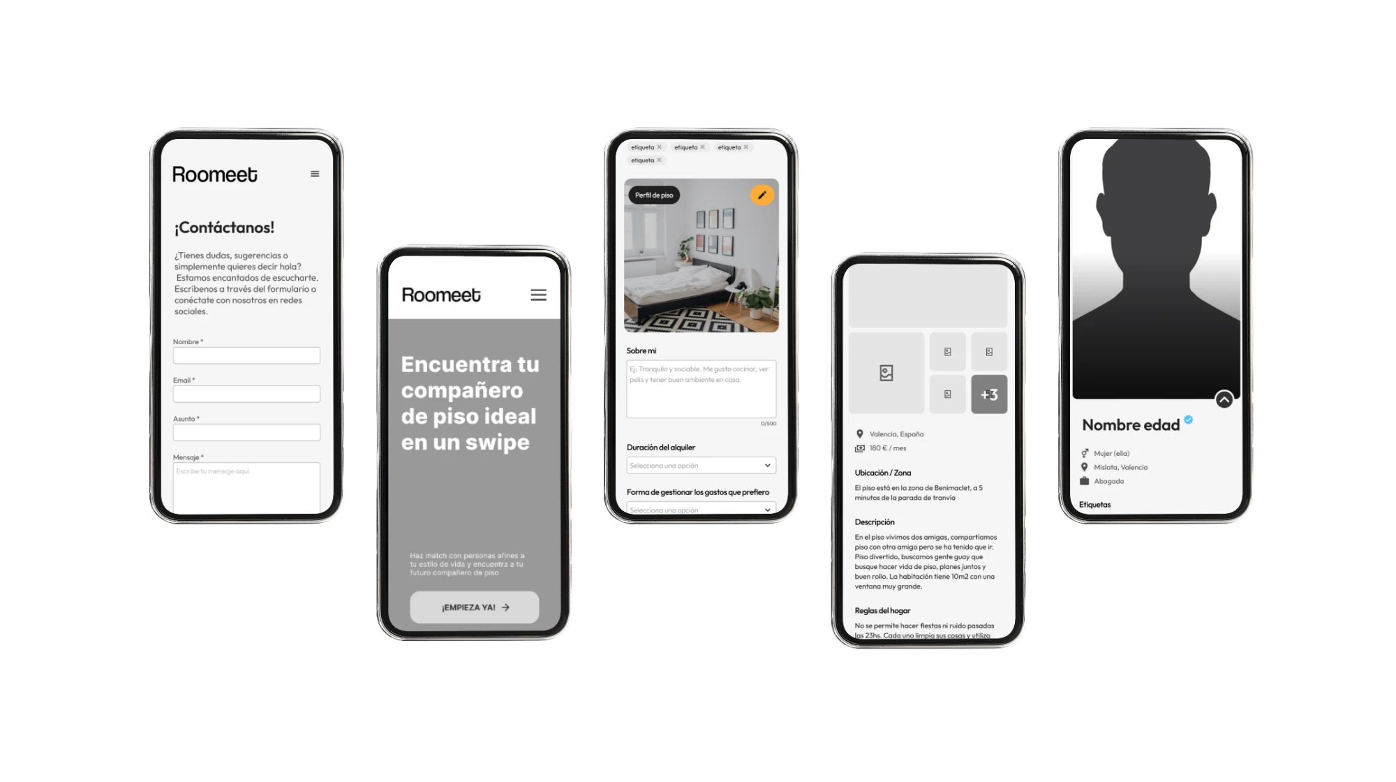 Grid de wireframes mobile de Roomeet: formulario de contacto, landing, perfil de piso, galería y perfil personal